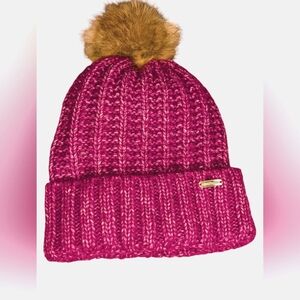 Steve Madden Fuschia Pink Knit Beanie with Faux Fur Pom Pom